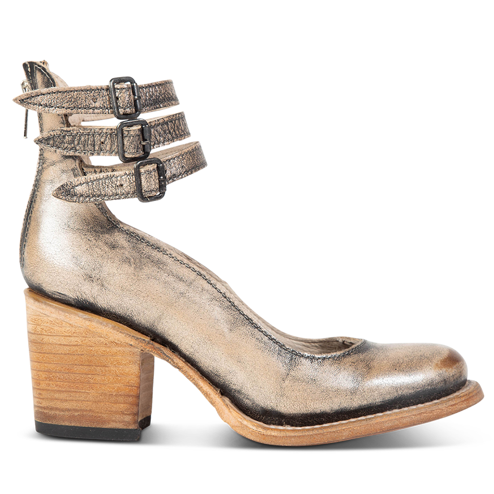 FREEBIRD women's Randi pewter open construction ankle strap heel with adjustable rustic buckles