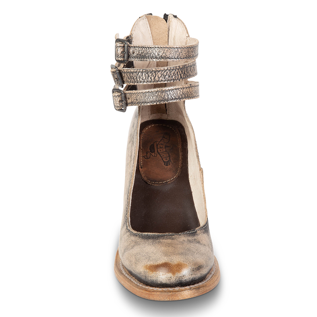 Front view showing open construction and three adjustable ankle straps on FREEBIRD women’s Randi pewter shoe