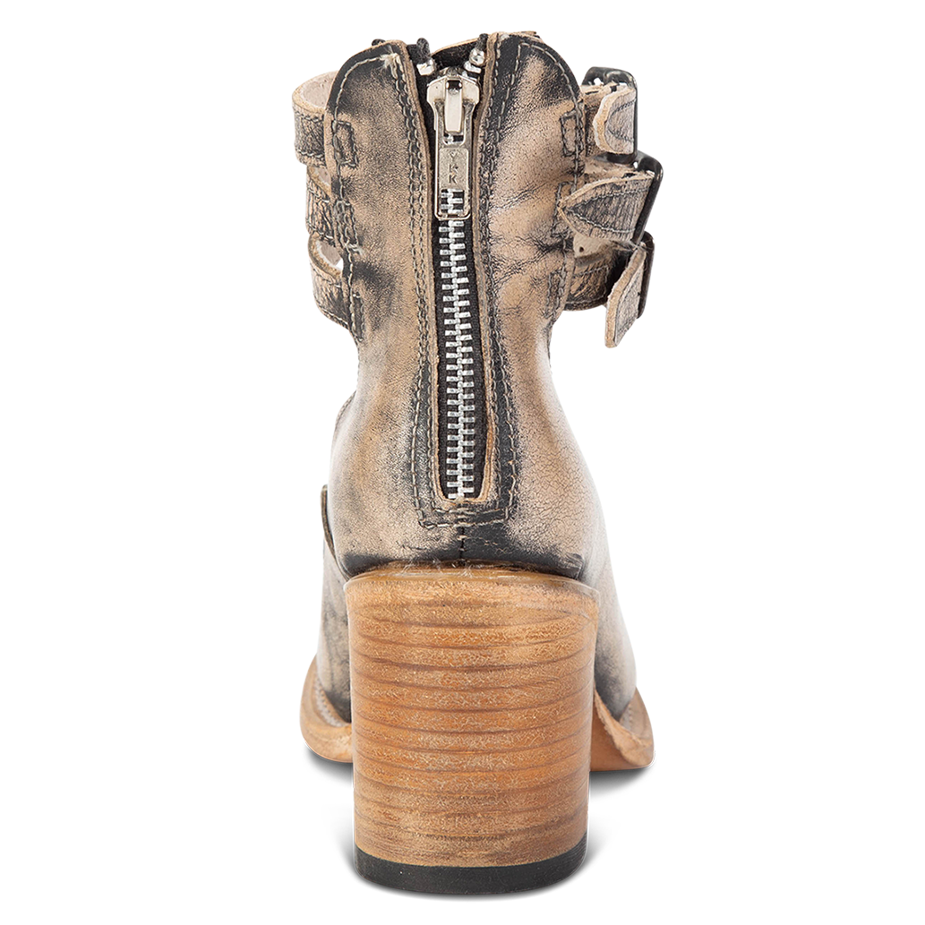 Back view showing working brass zip closure on FREEBIRD women’s Randi pewter shoe