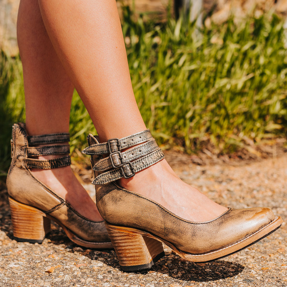 FREEBIRD women's Randi pewter open construction ankle strap heel with adjustable rustic buckles