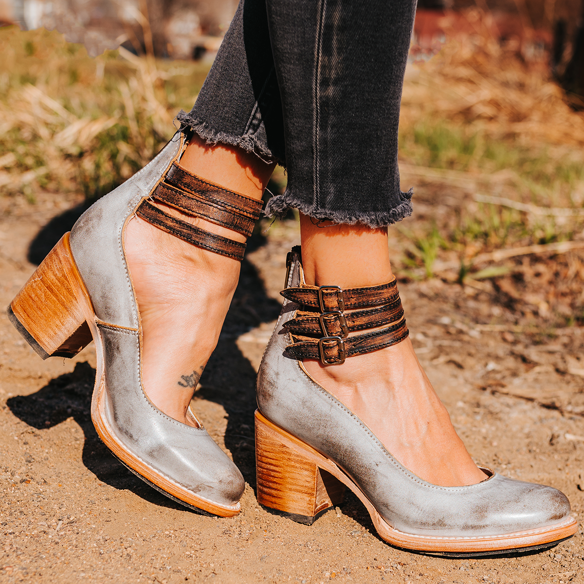 FREEBIRD women's Randi smoke multi open construction ankle strap heel with adjustable rustic buckles