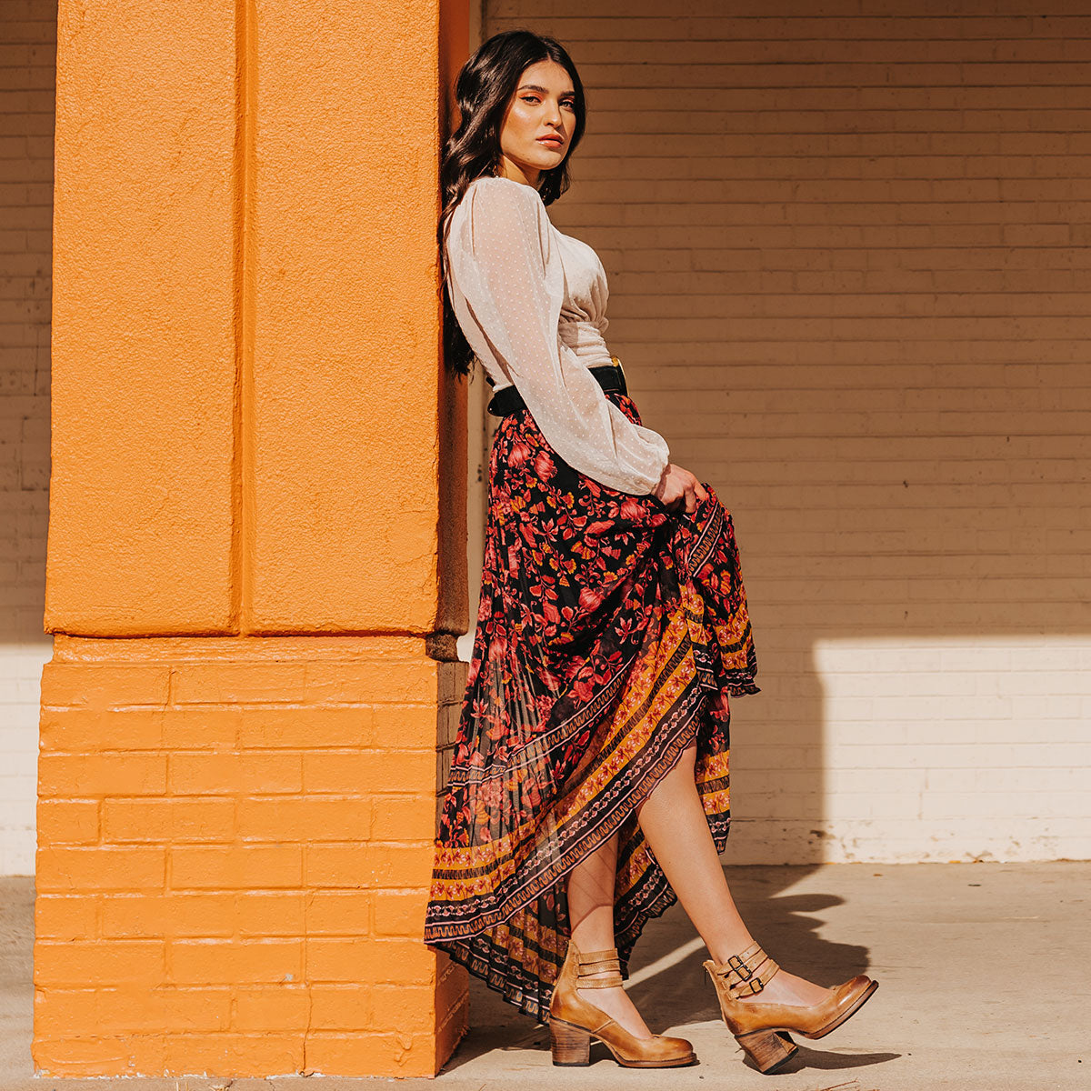 FREEBIRD women's Randi tan open construction ankle strap heel with adjustable rustic buckles lifestyle image