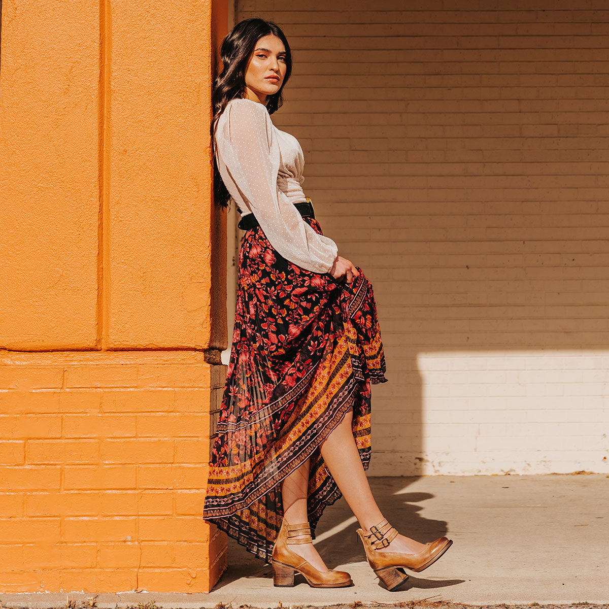 FREEBIRD women's Randi tan open construction ankle strap heel with adjustable rustic buckles lifestyle image