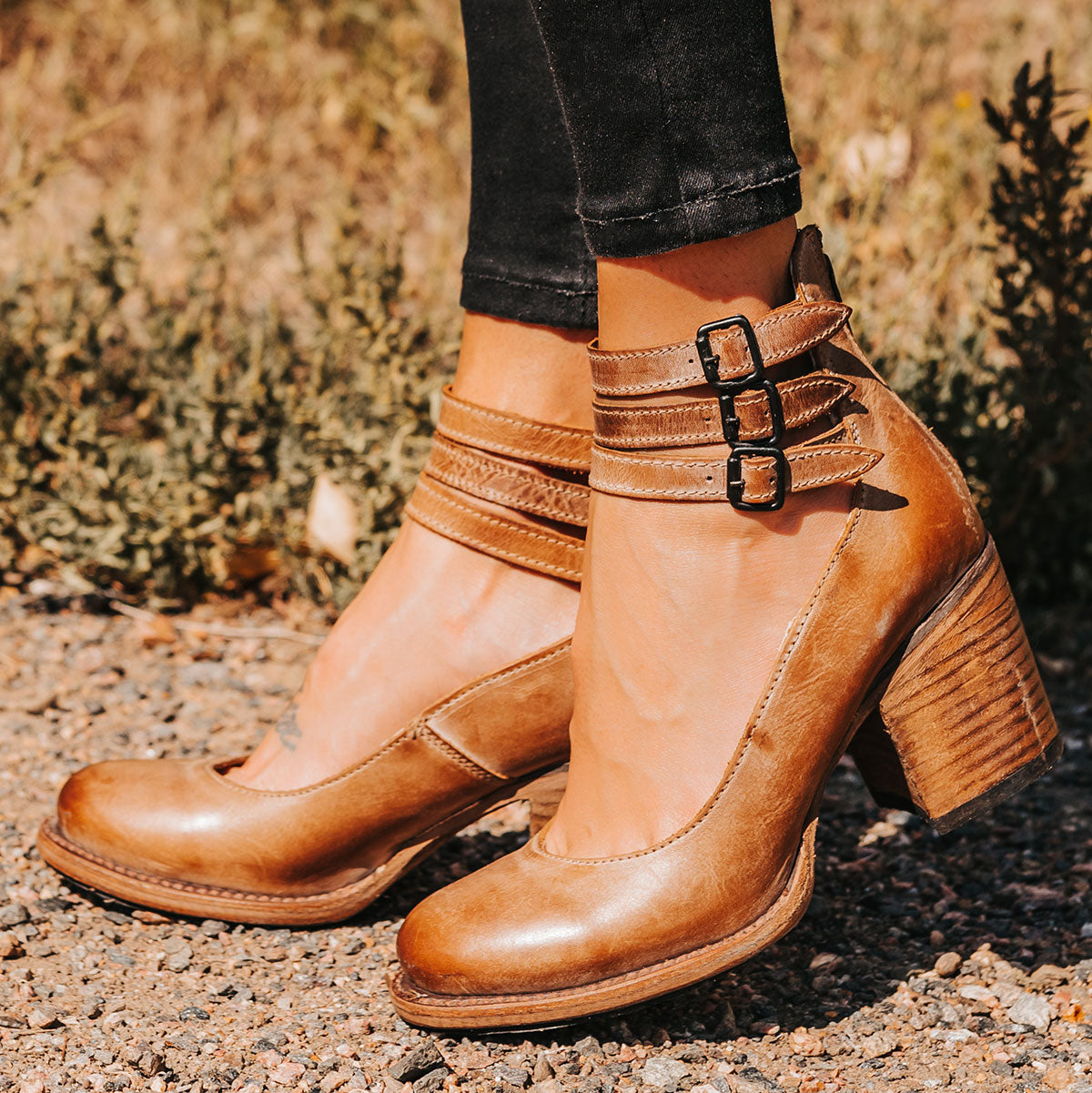 FREEBIRD women's Randi tan open construction ankle strap heel with adjustable rustic buckles