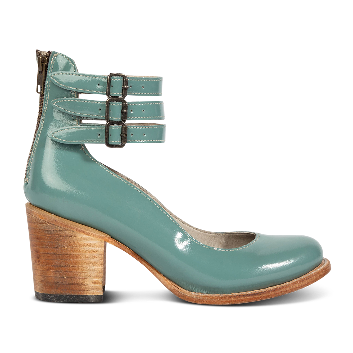 Freebird women's RANDI teal patent leather ankle strap heels with a round toe, three adjustable metal buckles, and a back zipper.