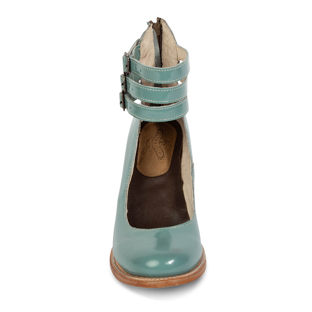 Front view showing Freebird women's RANDI teal patent leather ankle strap heels with a round toe, three adjustable metal buckles and freebird insole