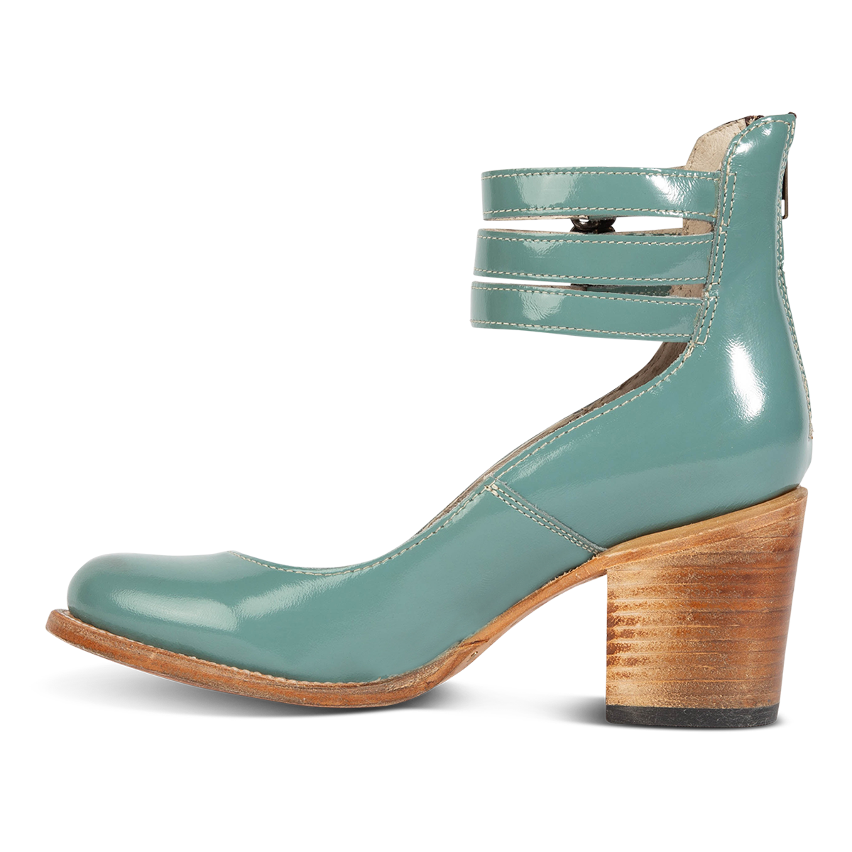 Inside view showing Freebird women's RANDI teal patent leather ankle strap heels with a round toe, three adjustable metal buckles and lifted heel