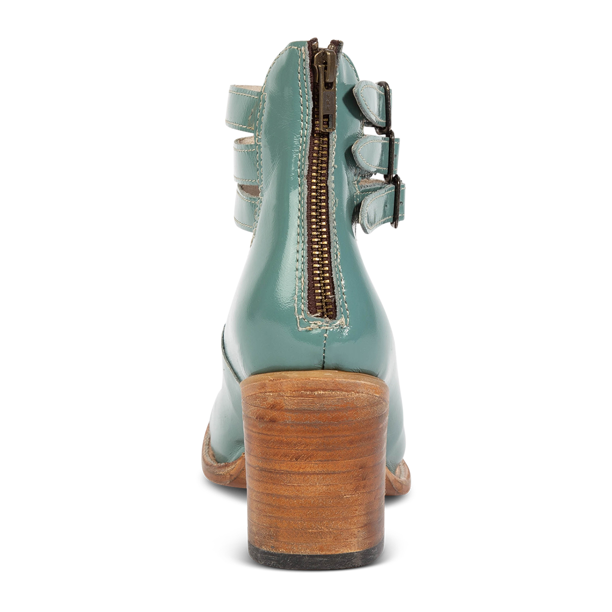 Back view showing Freebird women's RANDI teal patent leather ankle strap heels with a lifted heel and brass zipper