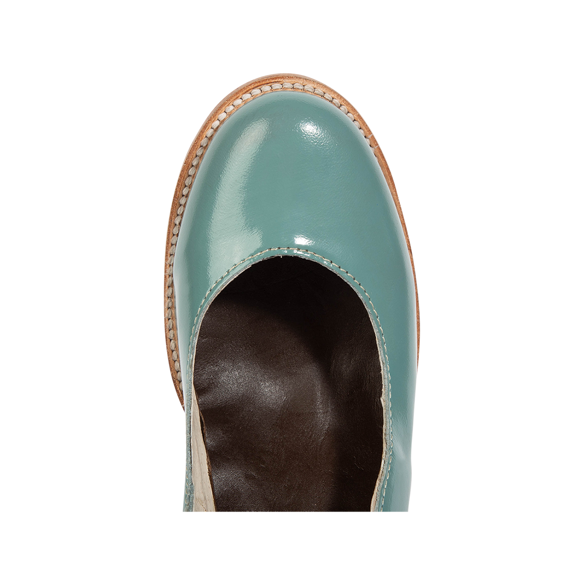 Top view showing freebird women's randi teal patent leather heel with a round toe construction