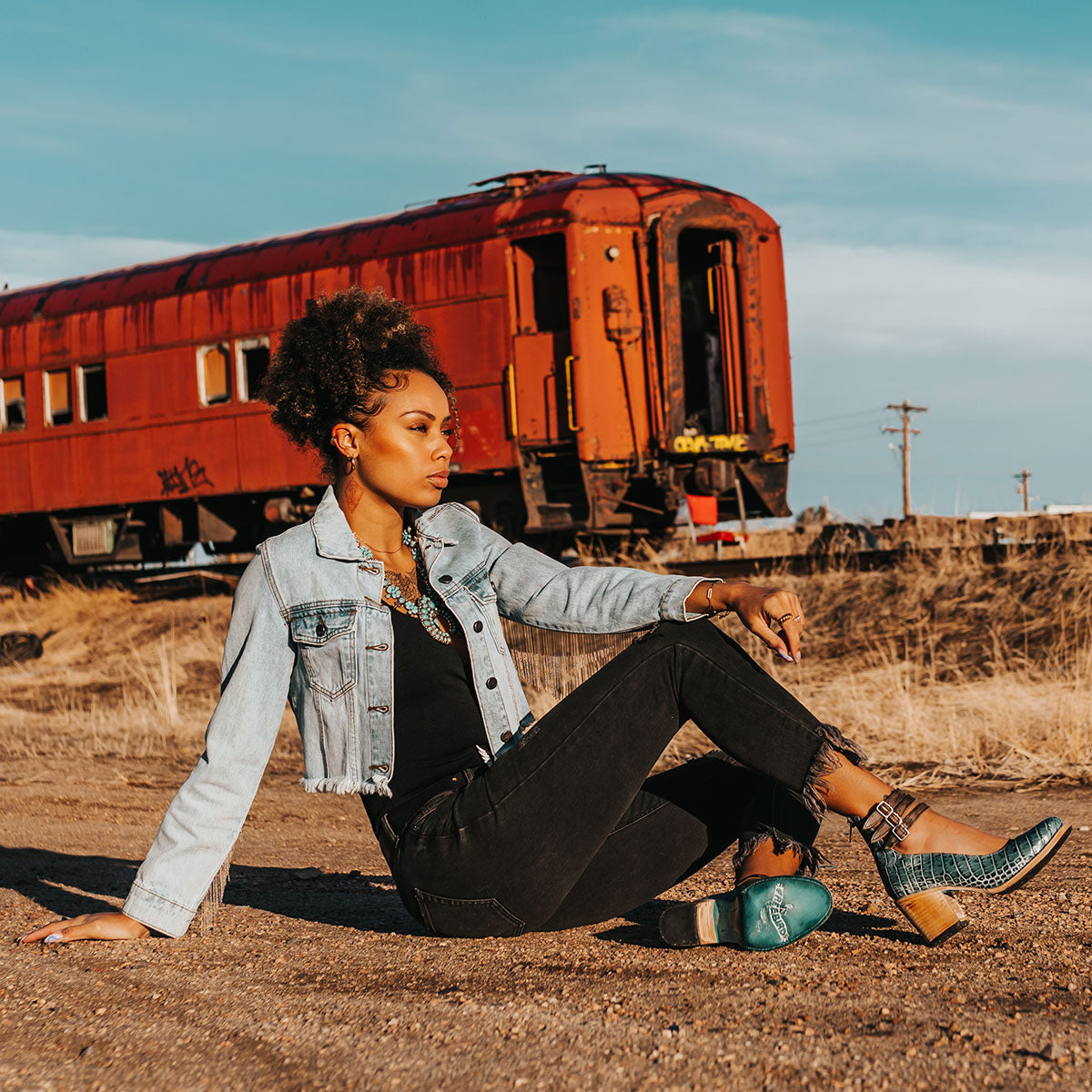 FREEBIRD women's Randi turquoise croco embossed leather open construction ankle strap heel with adjustable rustic buckles lifestyle image