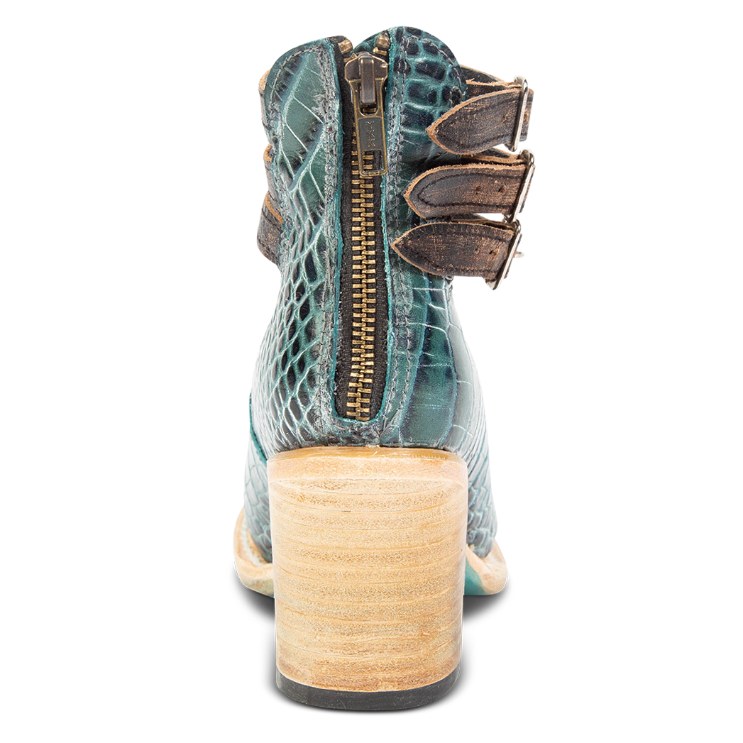 Back view showing working brass zip closure on FREEBIRD women’s Randi turquoise croco shoe