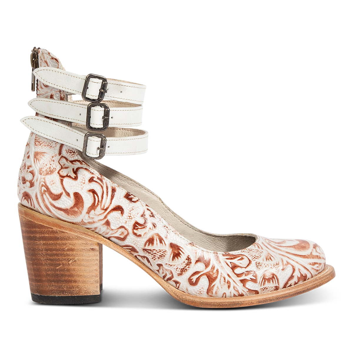 white multi RANDI leather mid-heel shoes with open construction, triple ankle straps, and metallic buckles.