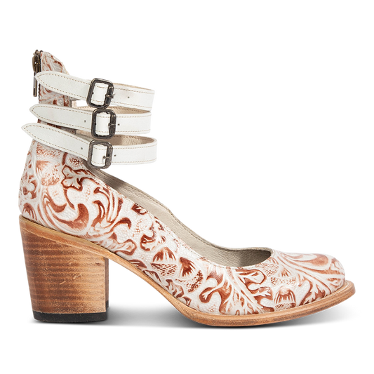 white multi RANDI leather mid-heel shoes with open construction, triple ankle straps, and metallic buckles.