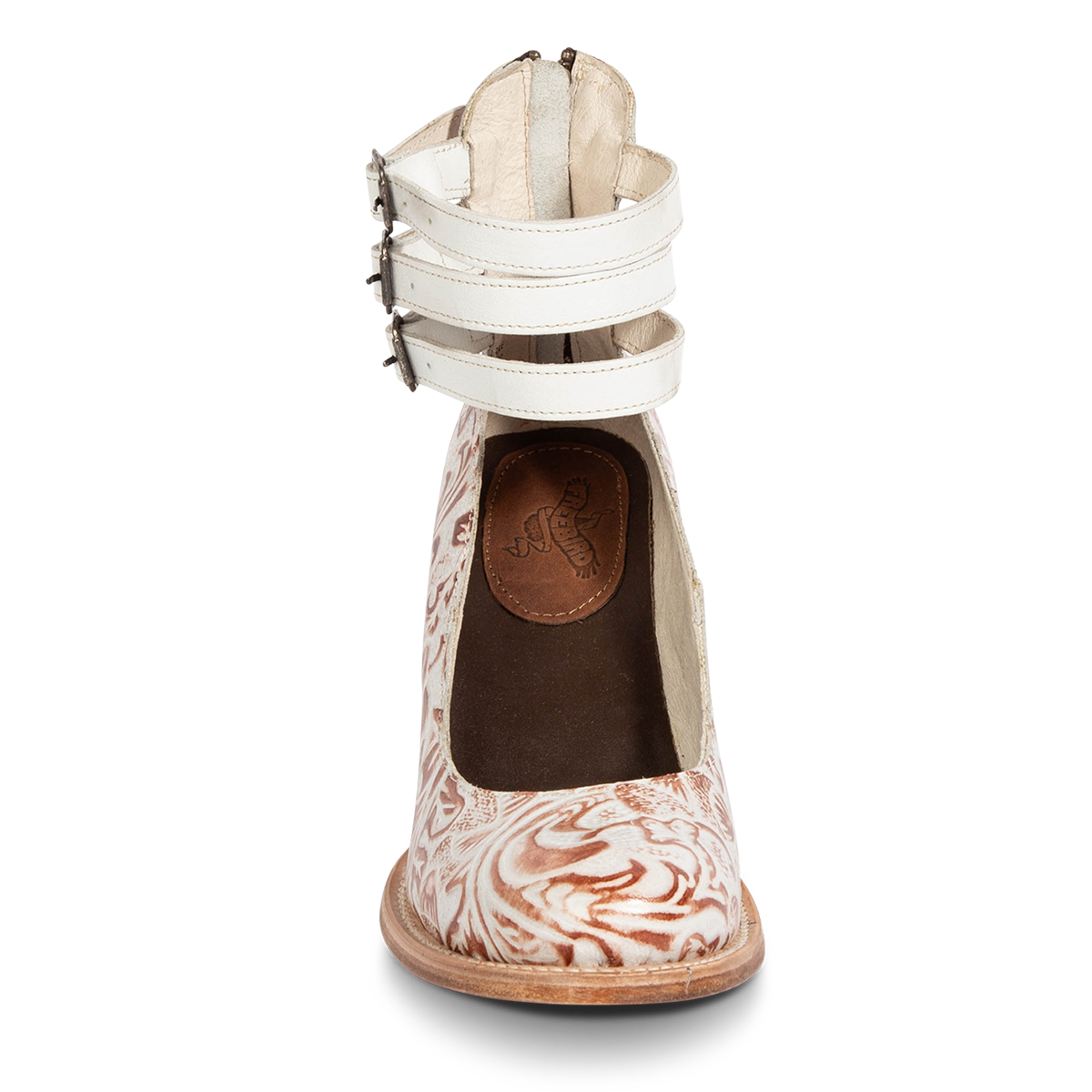 Front view showing open construction and three adjustable ankle straps on FREEBIRD women’s Randi white multi leather shoe