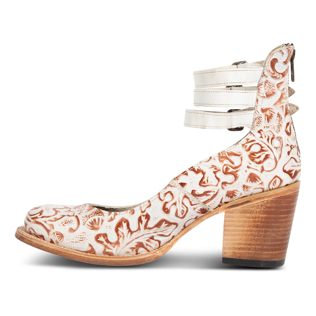 Inside view showing an open construction and lifted heel with three adjustable ankle straps on FREEBIRD women’s Randi white multi leather shoe