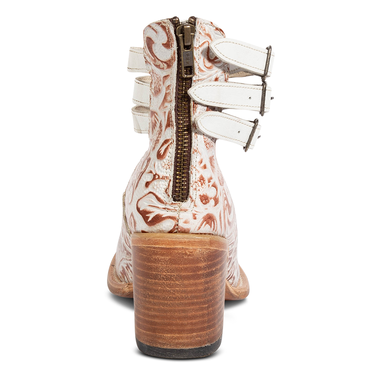 Back view showing working brass zip closure on FREEBIRD women’s Randi white multi leather shoe