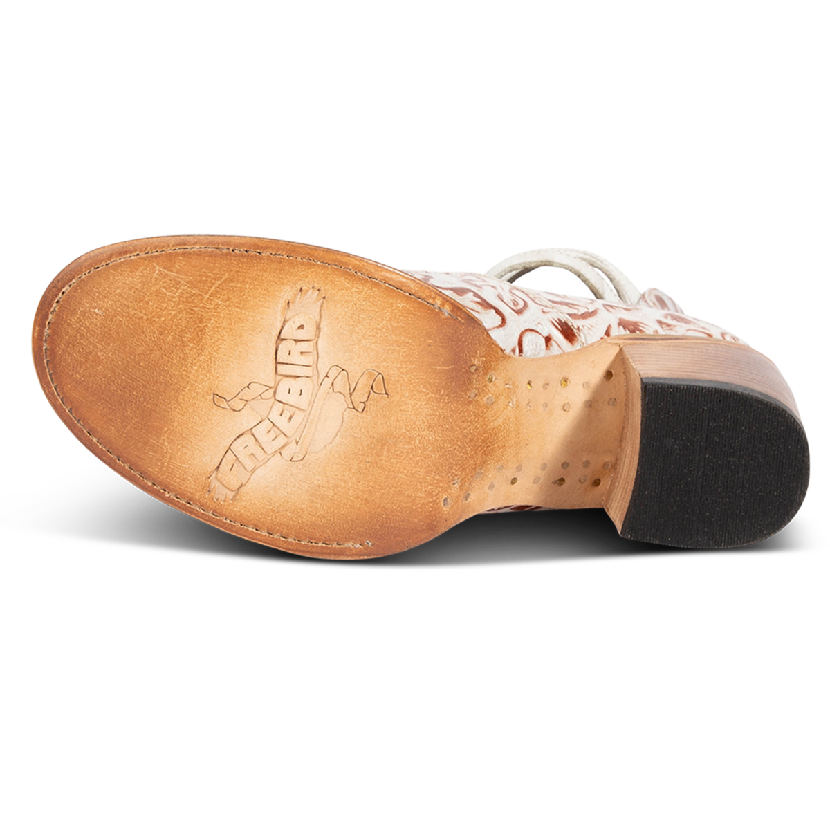 Leather sole imprinted with FREEBIRD on women’s Randi white multi leather shoe
