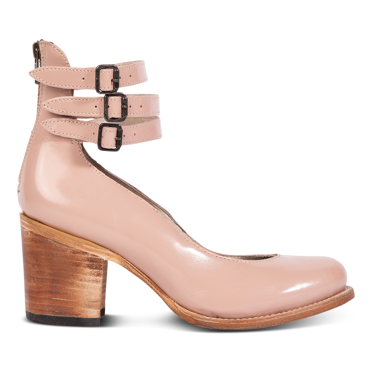 Freebird women's RANDI blush patent leather ankle strap heels with a round toe, three adjustable metal buckles, and a back zipper.