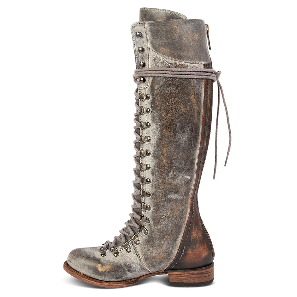 Inside view showing lace up front and two toned full-grain leather detailing on FREEBIRD women's Raphael ice boot