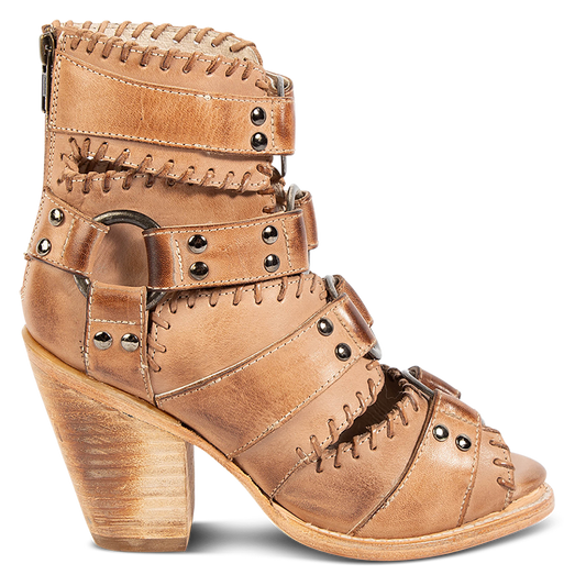 FREEBIRD women's Rapture beige leather sandal with an open-toe silhouette, o-ring harnesses and slanted heel