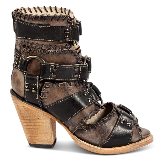 FREEBIRD women's Rapture black leather sandal with an open-toe silhouette, o-ring harnesses and slanted heel