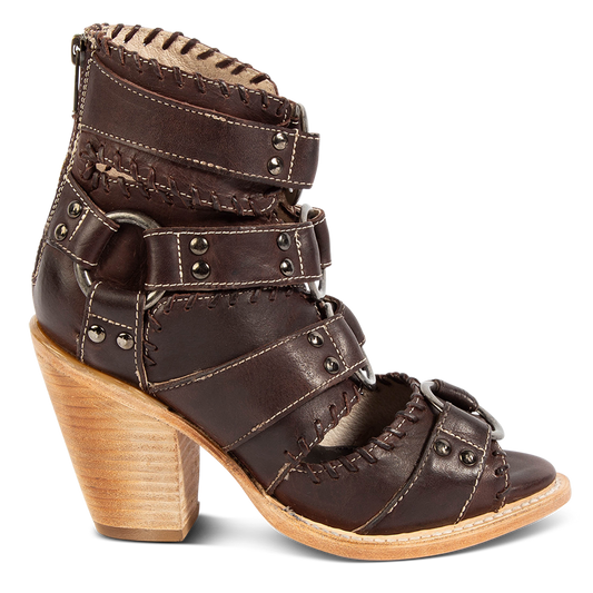 FREEBIRD women's Rapture brown leather sandal with an open-toe silhouette, o-ring harnesses and slanted heel