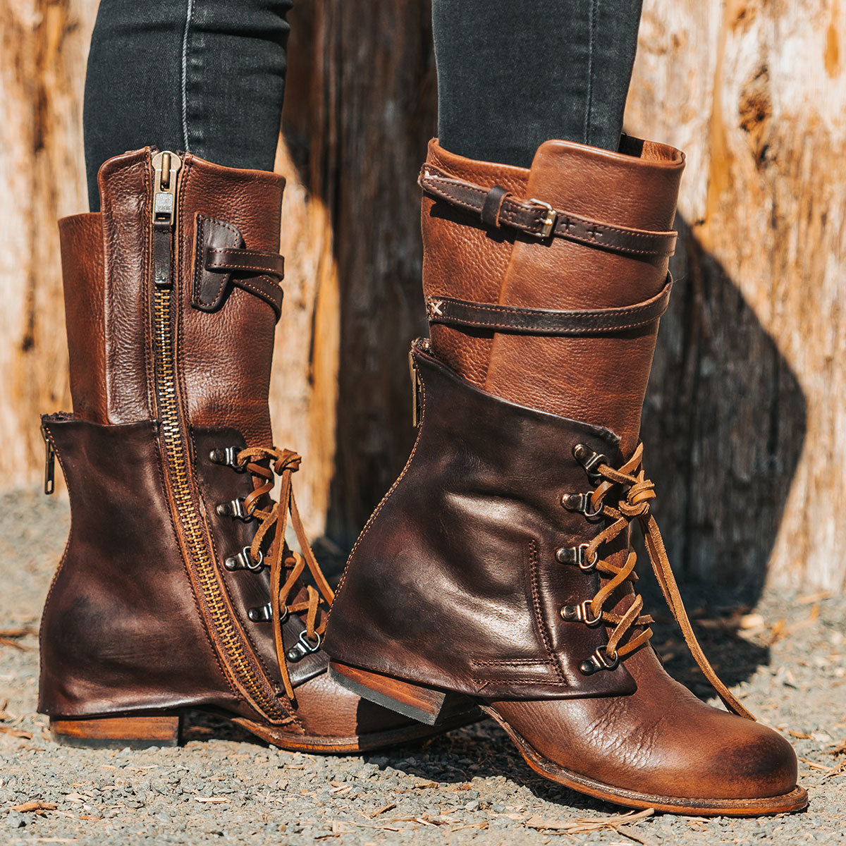 FREEBIRD women's Ravi brown two-toned leather front lacing inner zip closure mid calf boot