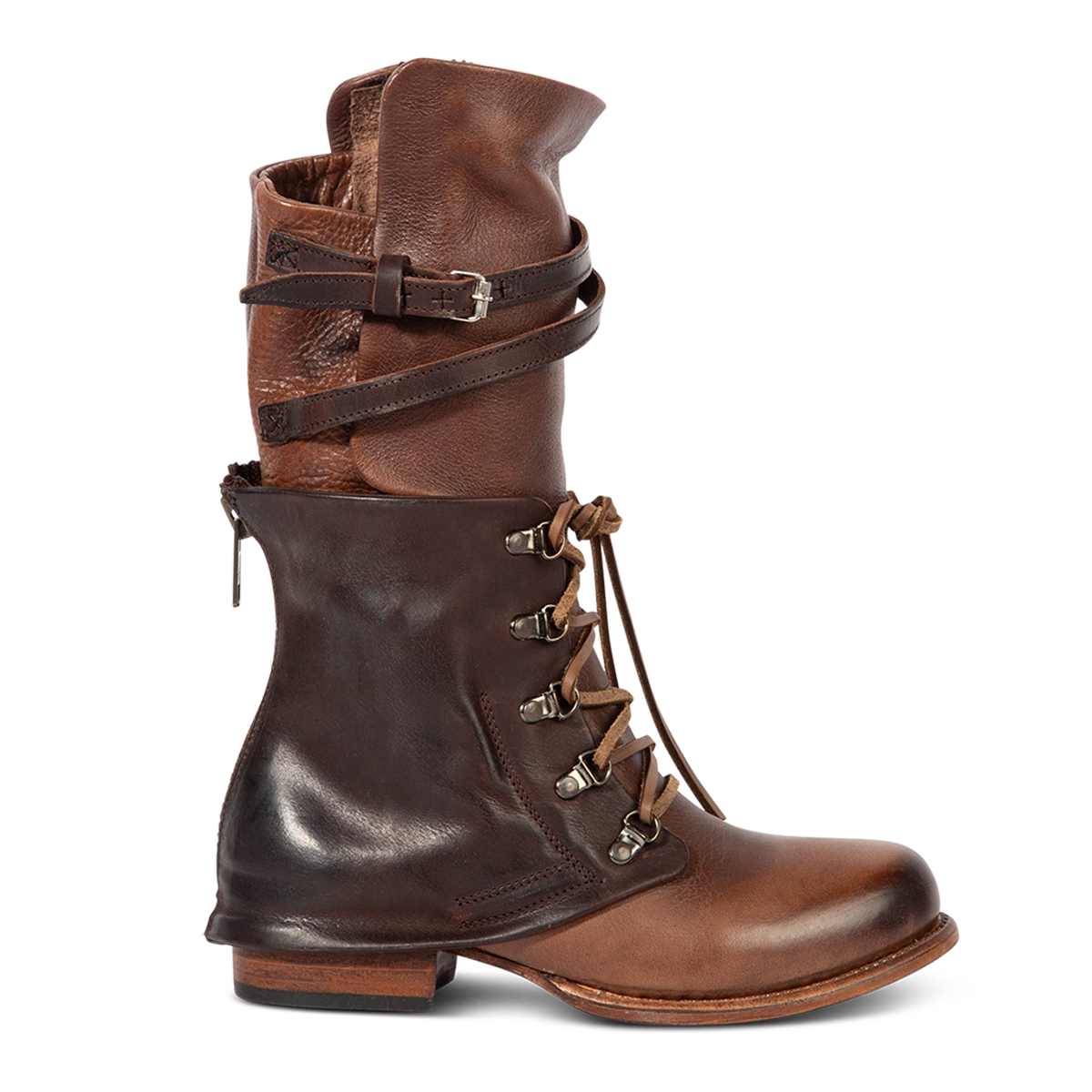 FREEBIRD women's Ravi brown two-toned leather front lacing inner zip closure mid calf boot