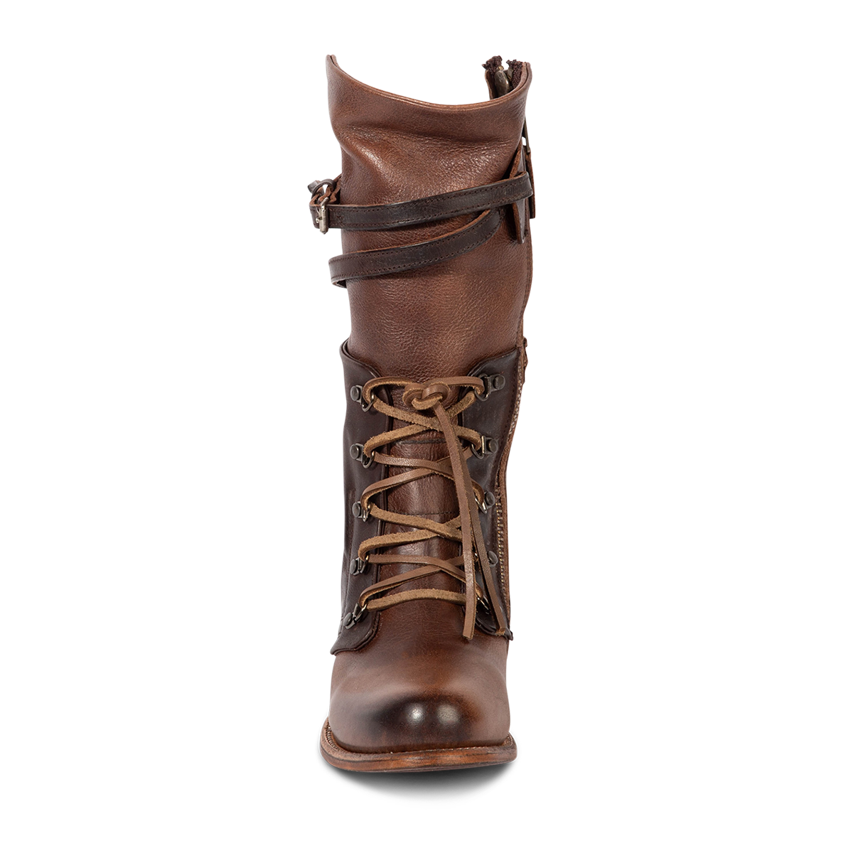Front view showing leather lacing and contrasting leather shaft straps on FREEBIRD women's Ravi brown mid calf leather boot
