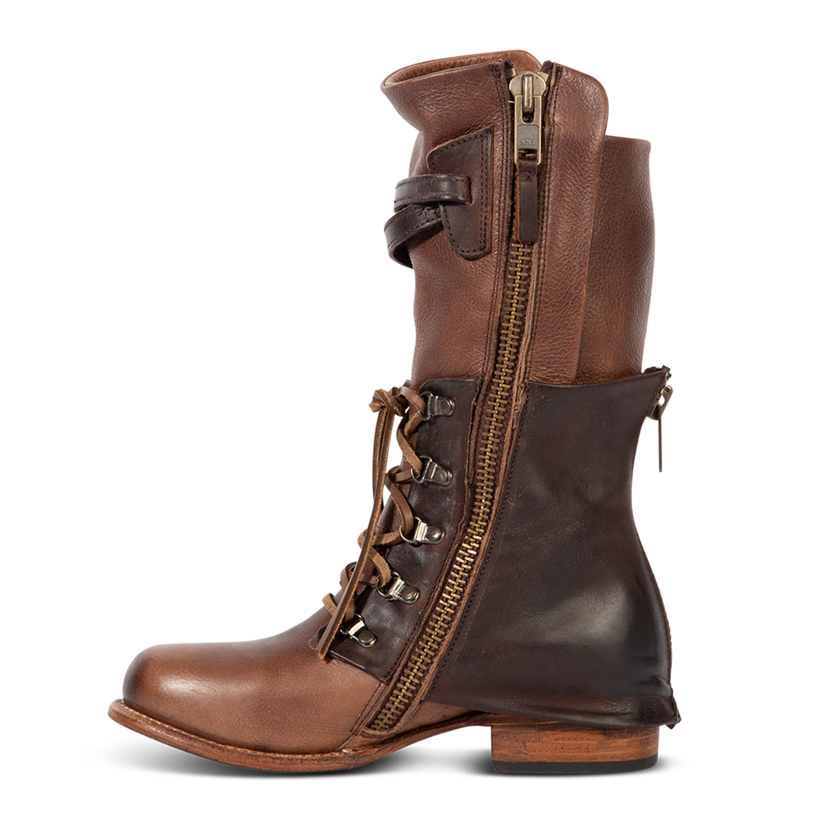 Inside view showing working brass zip closure and overlay leather construction on FREEBIRD women's Ravi brown mid calf leather boot
