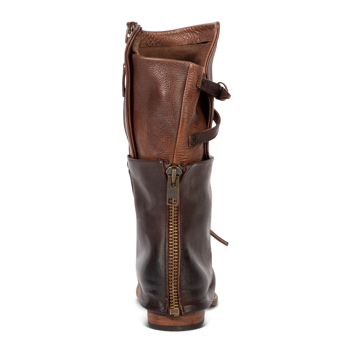 Back view showing decorative brass zip detailing on FREEBIRD women's Ravi brown mid calf leather boot