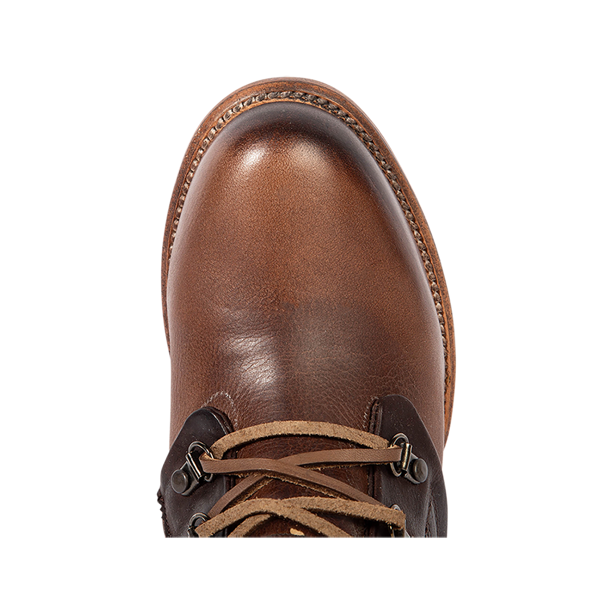Top view showing round toe and front lacing on FREEBIRD women's Ravi brown mid calf leather boot