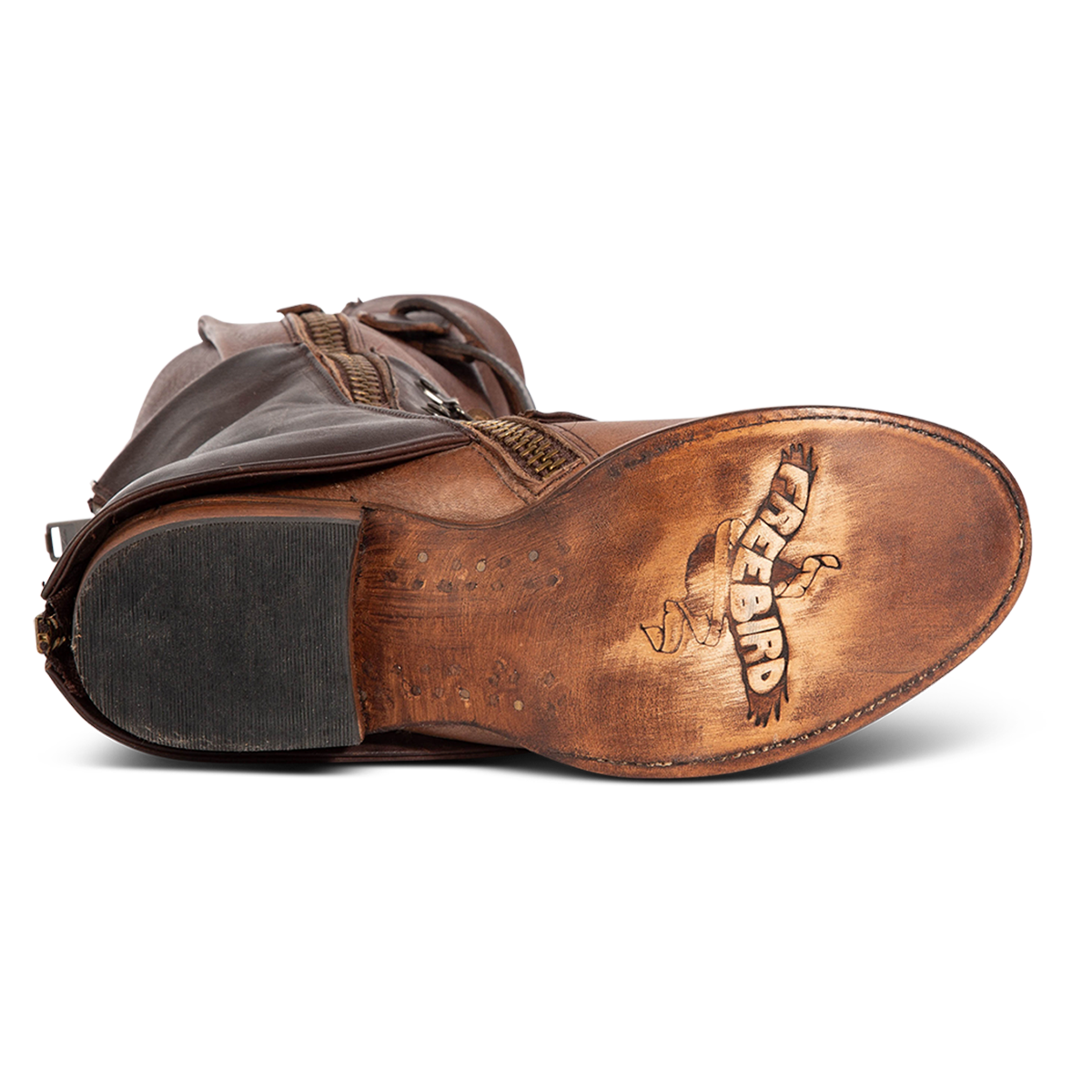 Leather sole imprinted with FREEBIRD on women's Ravi brown mid calf leather boot