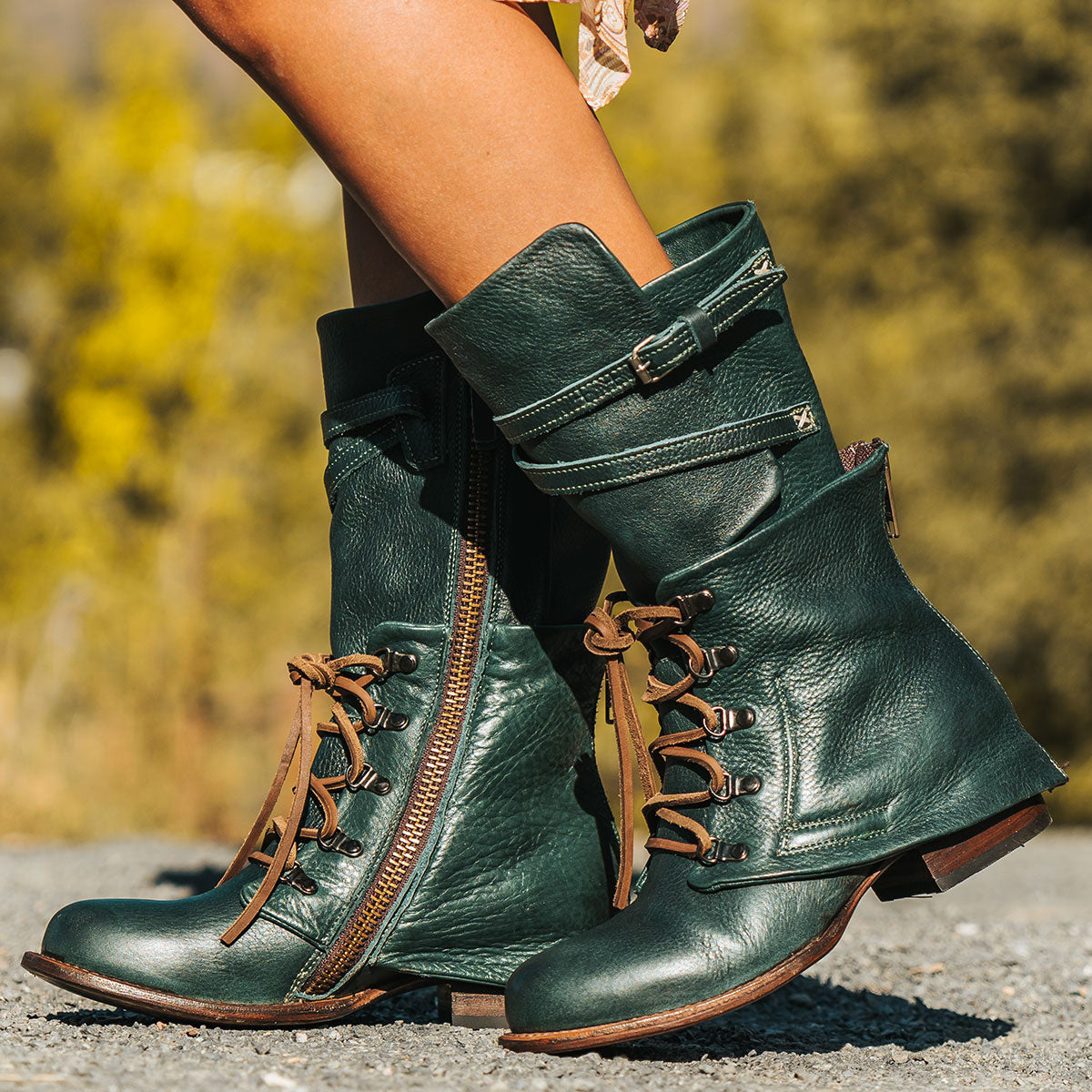 FREEBIRD women's Ravi green leather front lacing inner zip closure mid calf boot