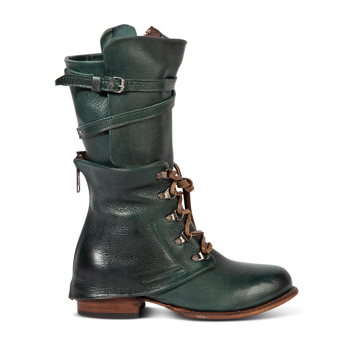 FREEBIRD women's Ravi green leather front lacing inner zip closure mid calf boot