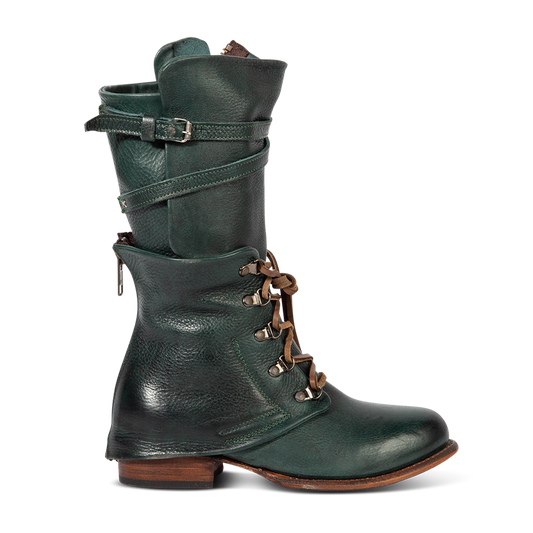 FREEBIRD women's Ravi green leather front lacing inner zip closure mid calf boot