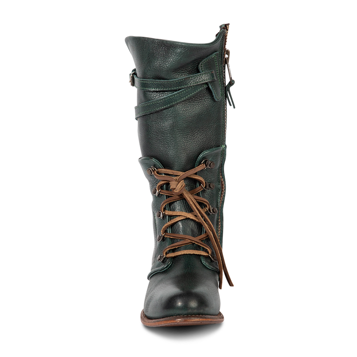 Front view showing leather lacing and contrasting leather shaft straps on FREEBIRD women's Ravi green mid calf leather boot