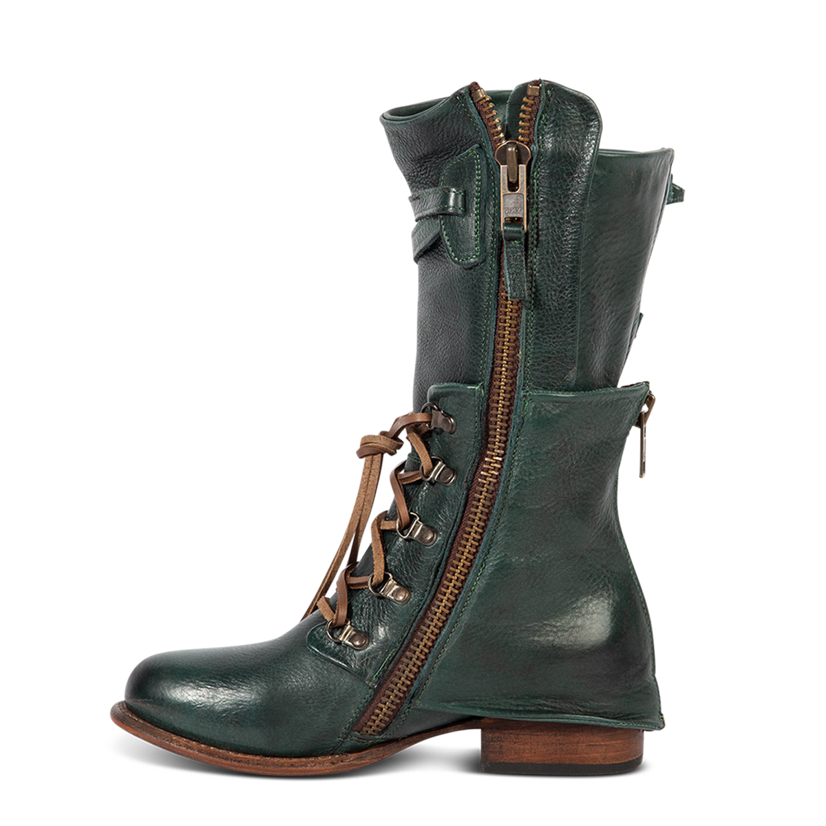 Inside view showing working brass zip closure and overlay leather construction on FREEBIRD women's Ravi green mid calf leather boot
