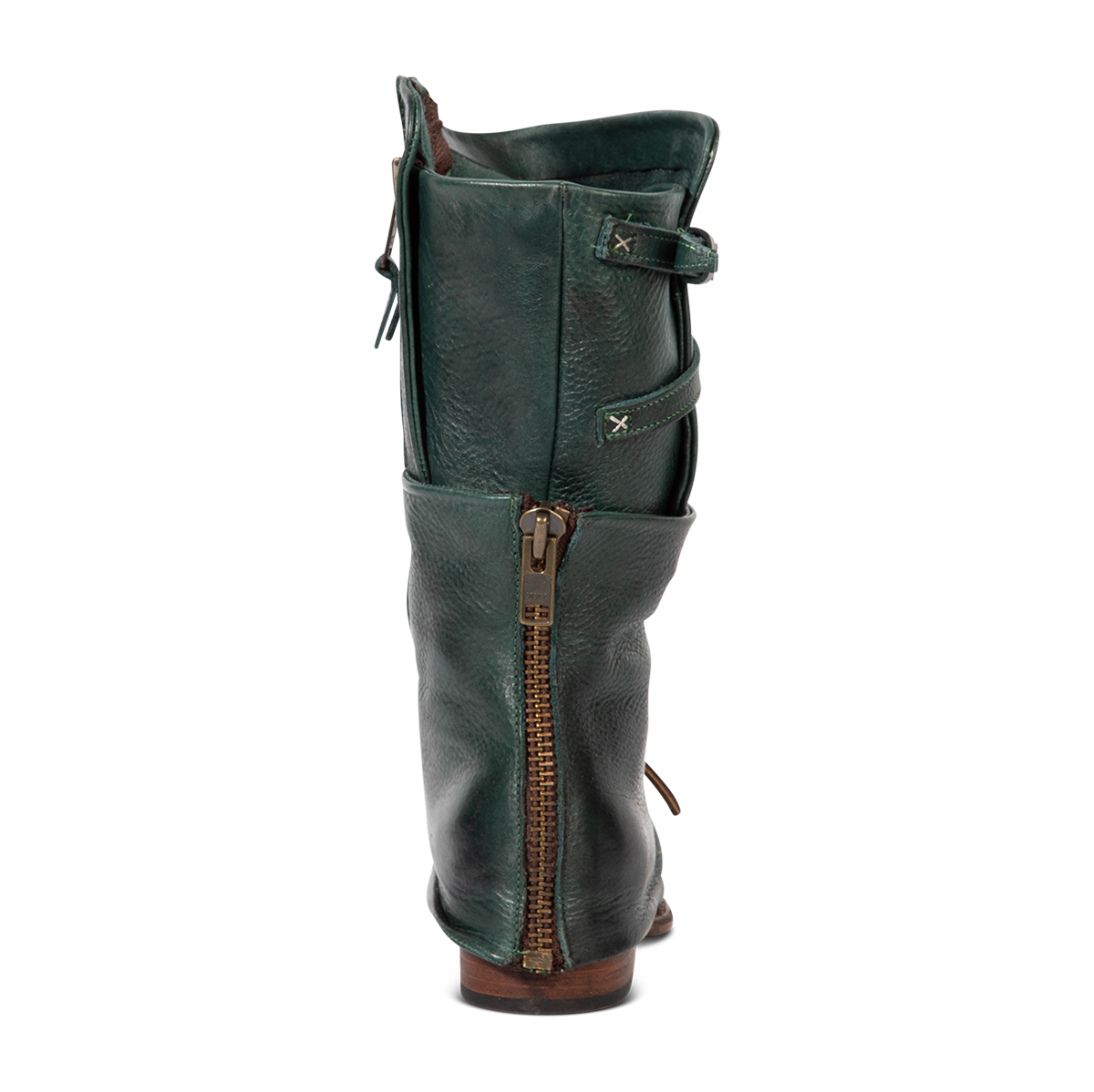 Back view showing decorative brass zip detailing on FREEBIRD women's Ravi green mid calf leather boot