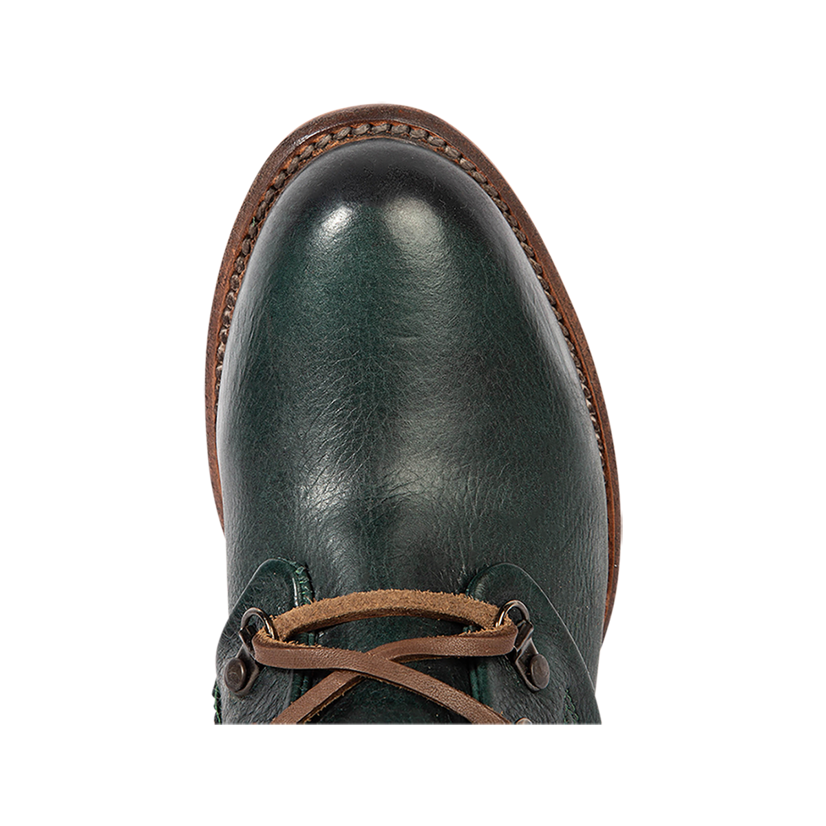 Top view showing round toe and front lacing on FREEBIRD women's Ravi green mid calf leather boot