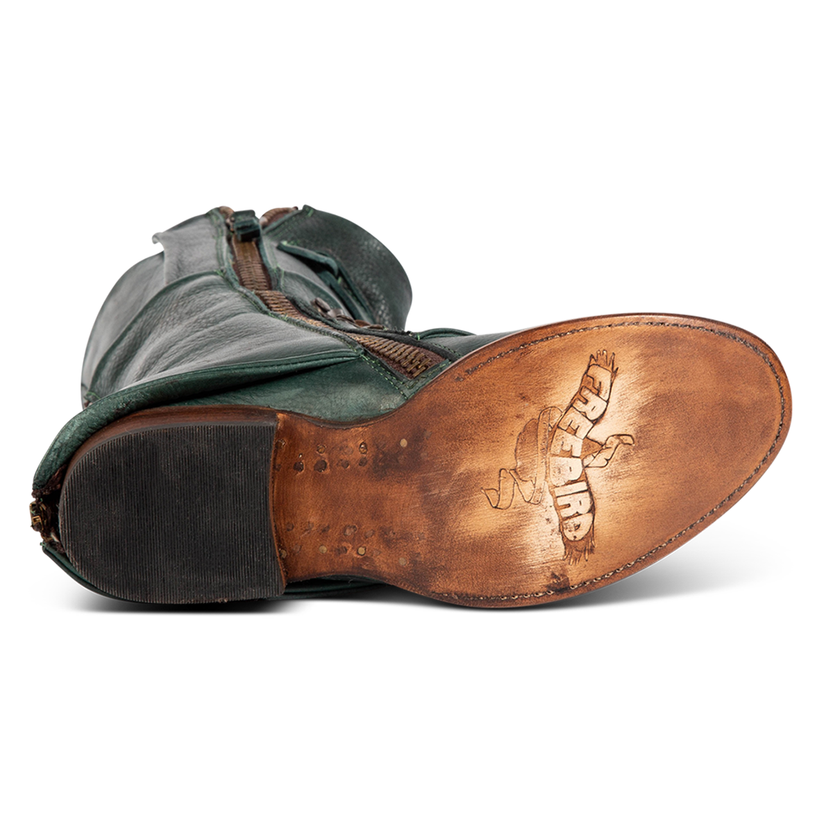 Leather sole imprinted with FREEBIRD on women's Ravi green mid calf leather boot