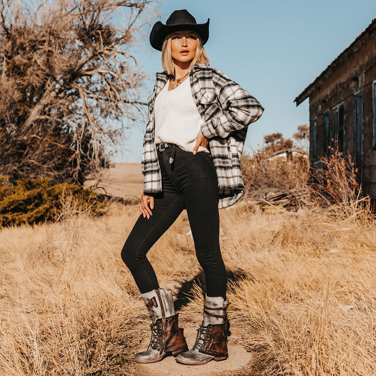 FREEBIRD women's Ravi ice two-toned leather front lacing inner zip closure mid calf boot lifestyle image