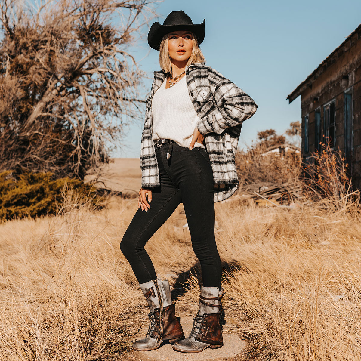 FREEBIRD women's Ravi ice two-toned leather front lacing inner zip closure mid calf boot lifestyle image