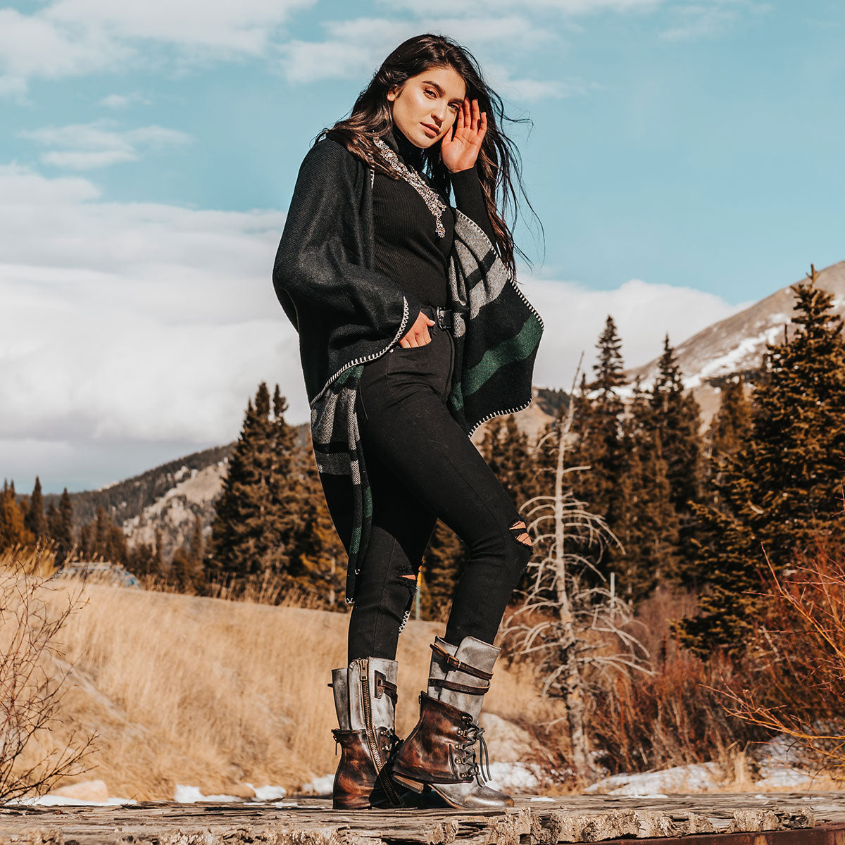 FREEBIRD women's Ravi ice two-toned leather front lacing inner zip closure mid calf boot lifestyle image