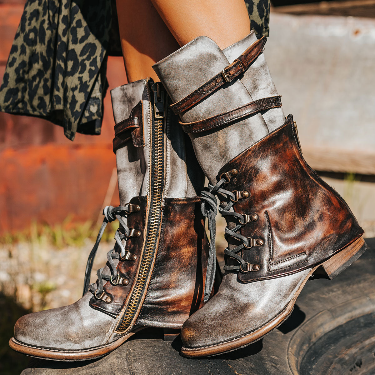 FREEBIRD women's Ravi ice two-toned leather front lacing inner zip closure mid calf boot