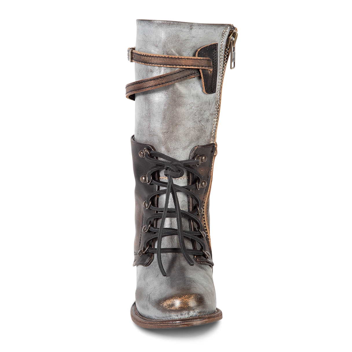 Front view showing leather lacing and contrasting leather shaft straps on FREEBIRD women's Ravi ice mid calf leather boot