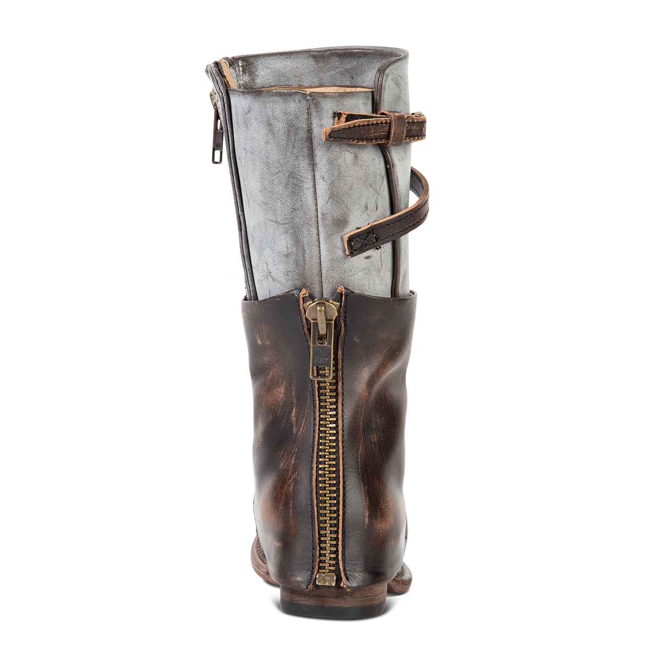 Back view showing decorative brass zip detailing on FREEBIRD women's Ravi ice mid calf leather boot