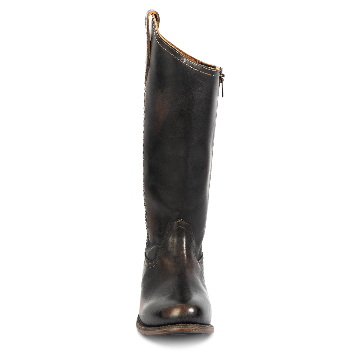 Front viewing showing high to low shaft construction on FREEBIRD women's Rigger black leather boot