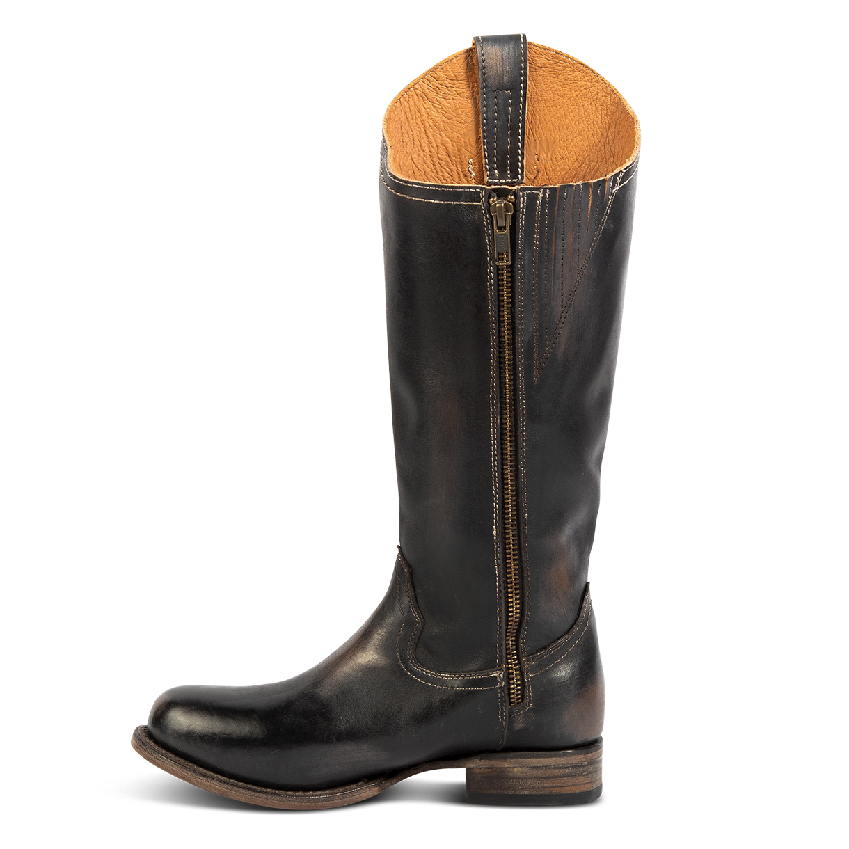 Inside showing working brass zip closure on FREEBIRD women's Rigger black leather boot