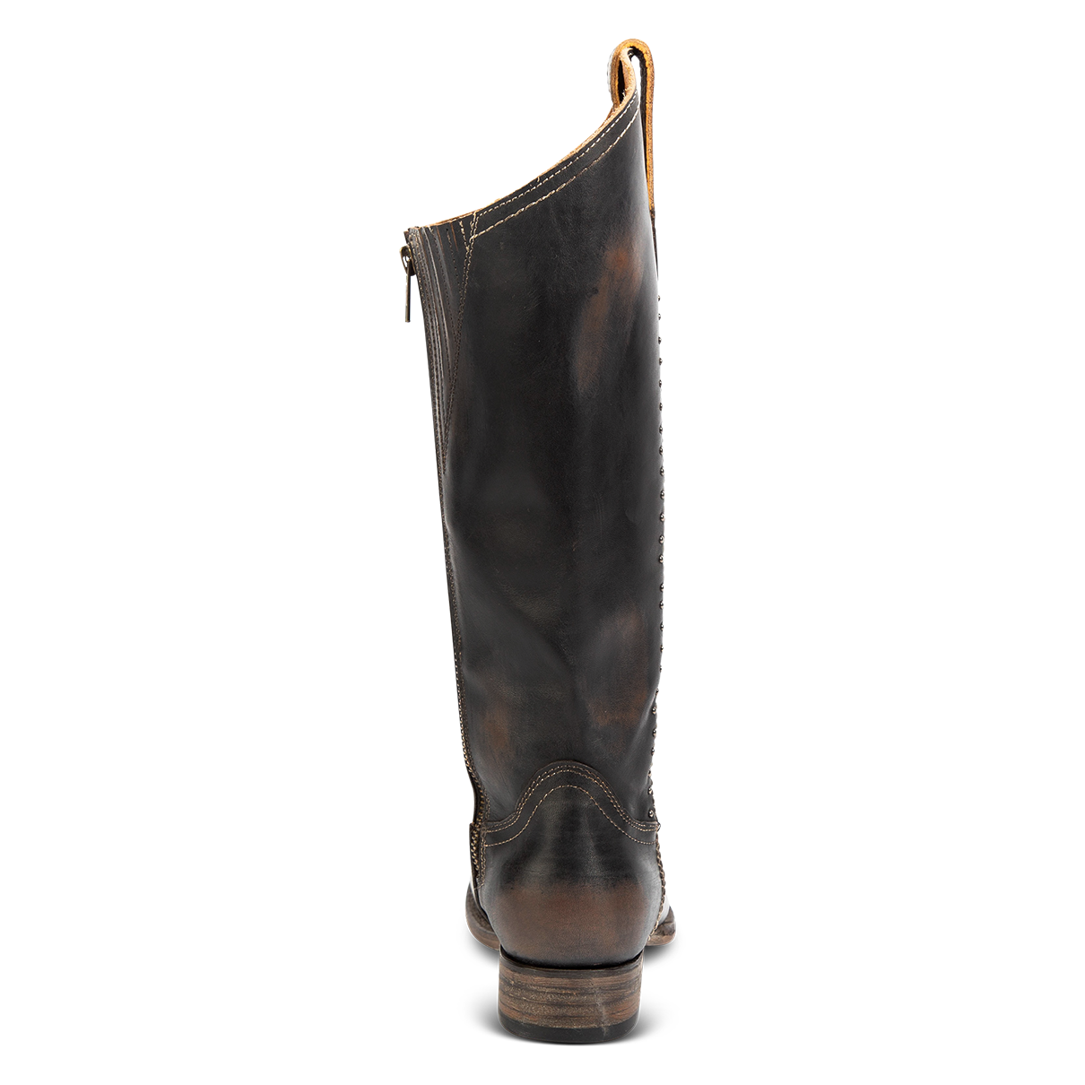 Back view showing low heel on FREEBIRD women's RIgger black leather boot